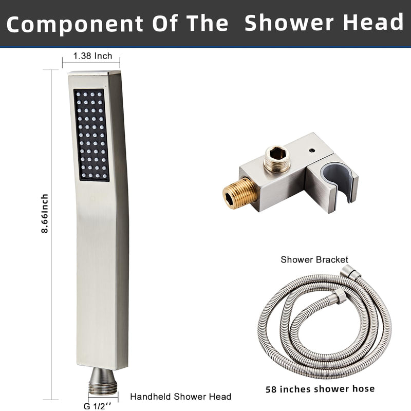 High Pressure Brass Handheld Shower Head,Square Shower Head with Wall Connector and 58-Inch Hose Kit for Bathroom Systems,Modern Style (Brushed Nickel) Brushed Nickel