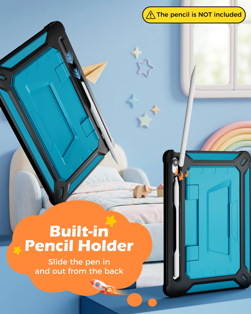 ProCase Kids Case for 11" iPad (A16) & 10.9" iPad 10th Gen, Blue&Black | 180° Adjustable Kickstand with Pencil Holder, 3-Layer Heavy Duty Rugged Shockproof Hard Shell Cover Black & Blue