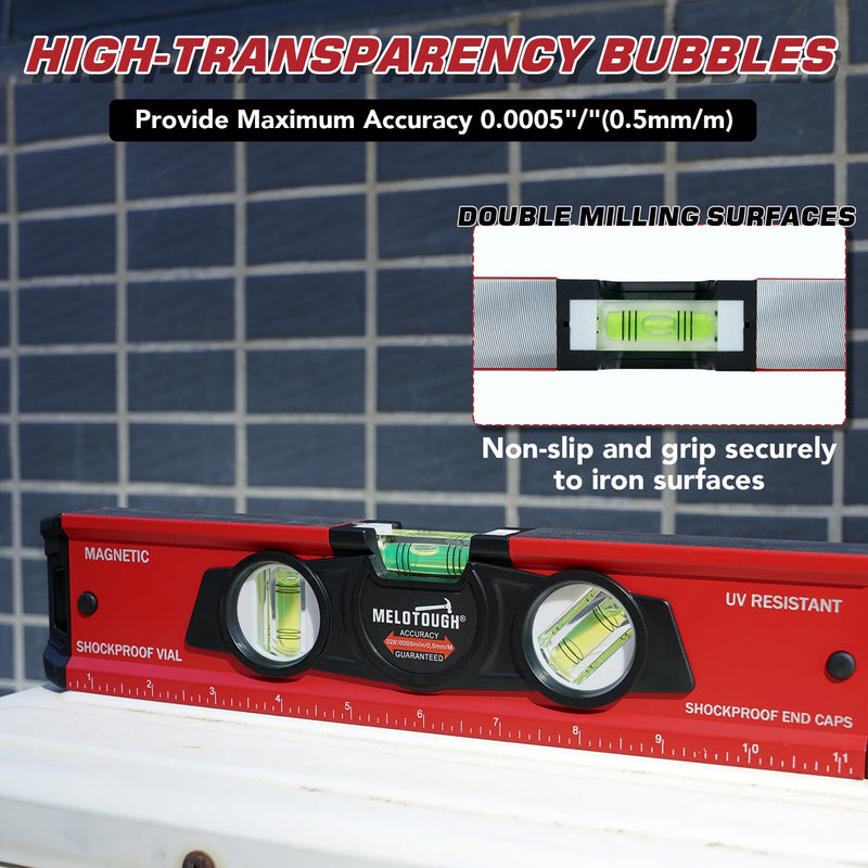 MELOTOUGH 12 Inch Torpedo Level Magnetic,Small Leveler Tool,Aluminum Level with Inch Scale,45°/90°/180°Vial Bubble Level(Red) Red