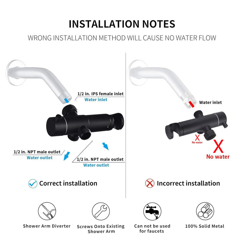 Solid Metal Shower Arm Diverter with Handshower Mount for Hand Held Showerhead and Fixed Spray Head ∣ G 1/2 3-Way Bathroom Universal Shower System Replacement Part (Matte Black)