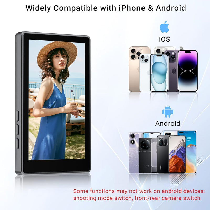 Magnetic Phone Selfie Monitor for iPhone 16 15 14 13 12, Wireless Screen Back Camera Monitor with Shutter & Zoom & Front/Rear Camera Switch for Vlog Photo Live Stream