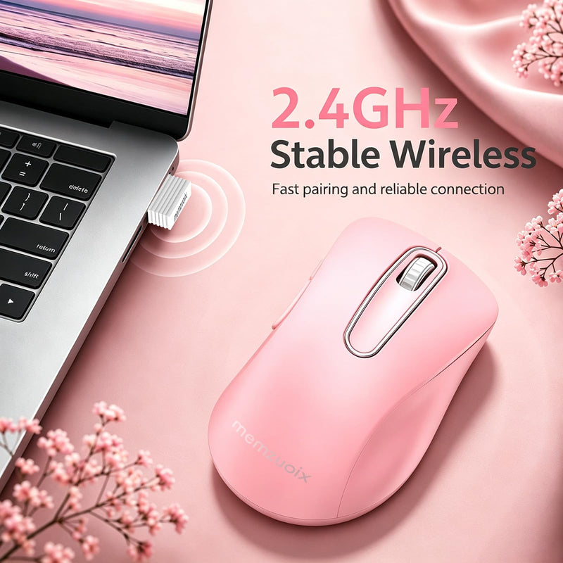 memzuoix 2.4G Silent Wireless Mouse, 1400 DPI Mobile Optical Cordless Mouse with USB Receiver, Portable Computer Mice for Laptop, PC, Desktop, MacBook, 5 Buttons (Pink) Pink