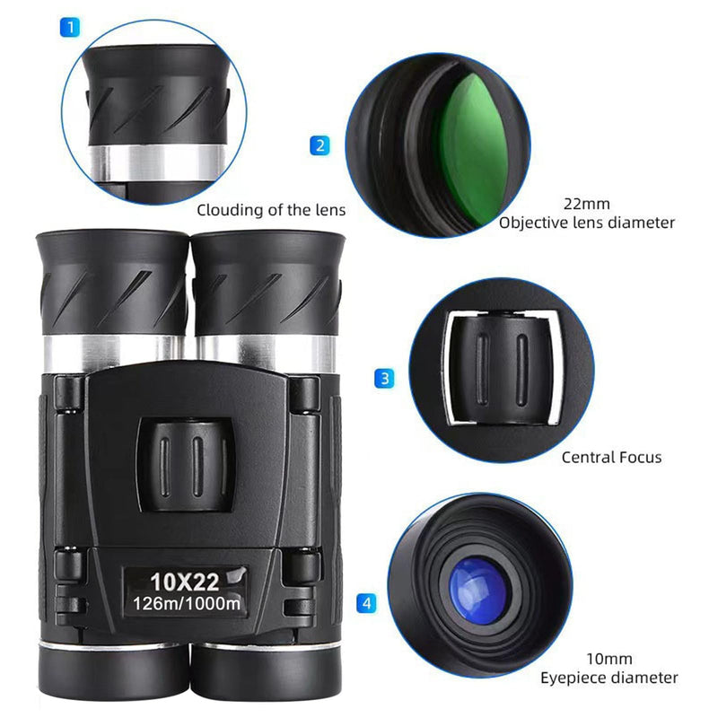 Small Compact Binoculars for Adults Kids,10x22 Mini Binocular for Traveling Sightseeing Birds Watching, Night Vision Binoculars for Concert Theater Opera,with Phone Adapter,Lightweight Pocket Folding