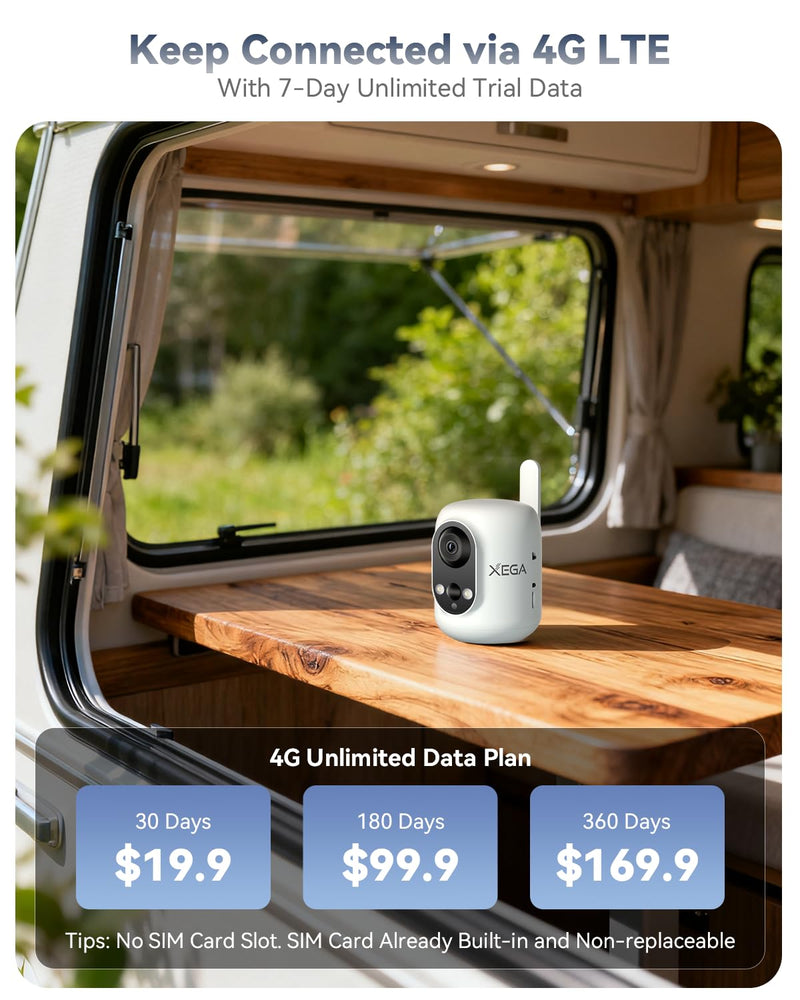 Xega 4G LTE Cellular Security Camera Indoor Wireless, 2K No WiFi Camera for Baby/Pet/Elderly with Phone App, 355°P/60°T, 6000mAh Battery, PIR Detection, Cloud/TF, Not Waterproof, Built-in SIM Card