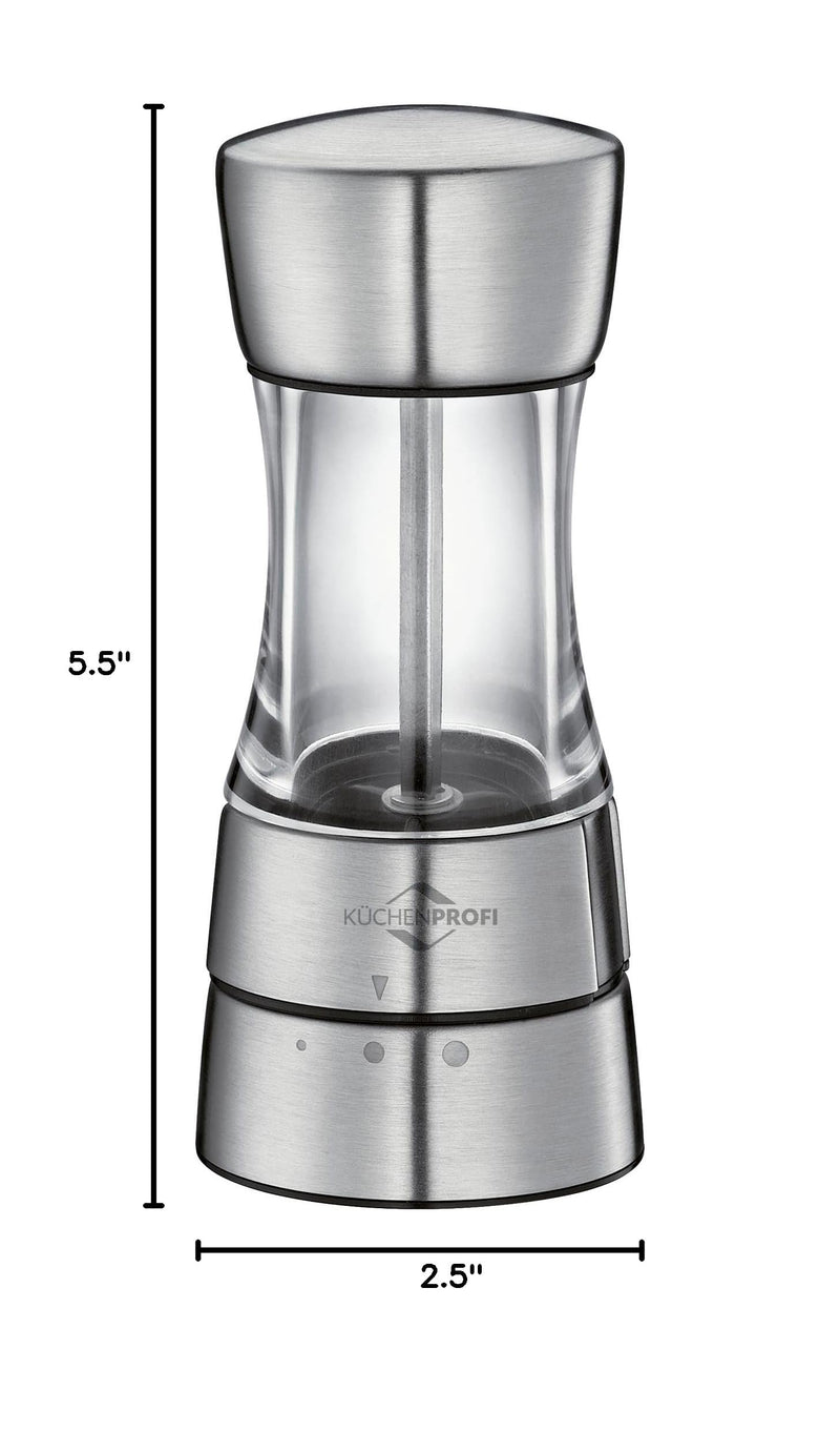Küchenprofi Acrylic Salt Mill Grinder Set - 2.5" x 5.5"H, Stainless Steel & Acrylic - Pepper Mill with Adjustable Ceramic Grind - Multipurpose Stainless Steel Kitchen Tool
