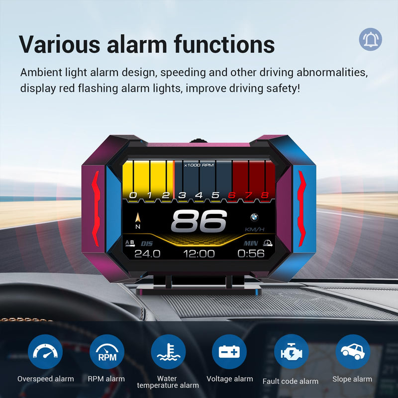 ACECAR OBD2 Gauge Car HUD Head Up Display Gauge Display Tachometer Gauge Multi-function Digital OBDII Speedometer with Car Speed MPH Altitude Driving Direction Slope Meter for Most Vehicles After 2008