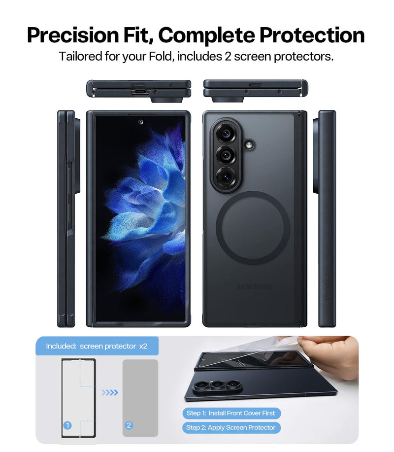 TORRAS Magnetic Slim for Samsung Galaxy Z Fold 8 Ultra Case Matte Black . | 2x Screen Protector Included, Fit for MagSafe, 4X Military Grade Hinge Protection Shockproof, Translucent, Silk-Smooth Feel