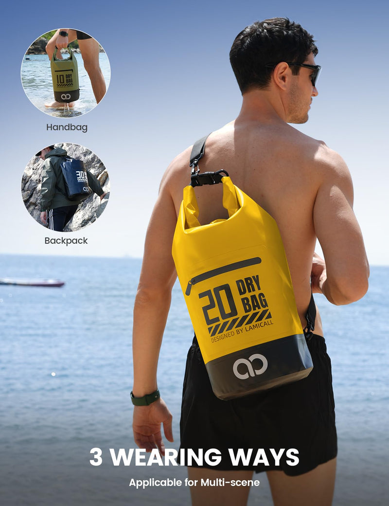 Lamicall Waterproof Dry Bag with Phone Pouch - 5L/10L/20L/30L/40L Floating Roll Top Backpack for Kayaking Boating Beach Camping Fishing - Heavy Duty 500D PVC Marine Dry Sack for Men,Women, Yellow 20L Lemon Yellow