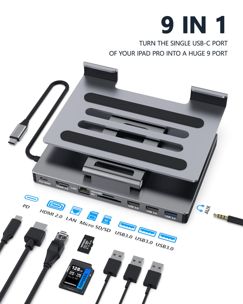 iPad USB C Hub Stand, 9-in-1 Multiport Adapter for iPad Pro M4 M3 M2 13 12.9 11 Inch Docking Station Foldable with 4K60Hz HDMI, RJ45 Gigabit Ethernet, SD/TF Card Reader, USB 3.0, 3.5 mm Audio ST901