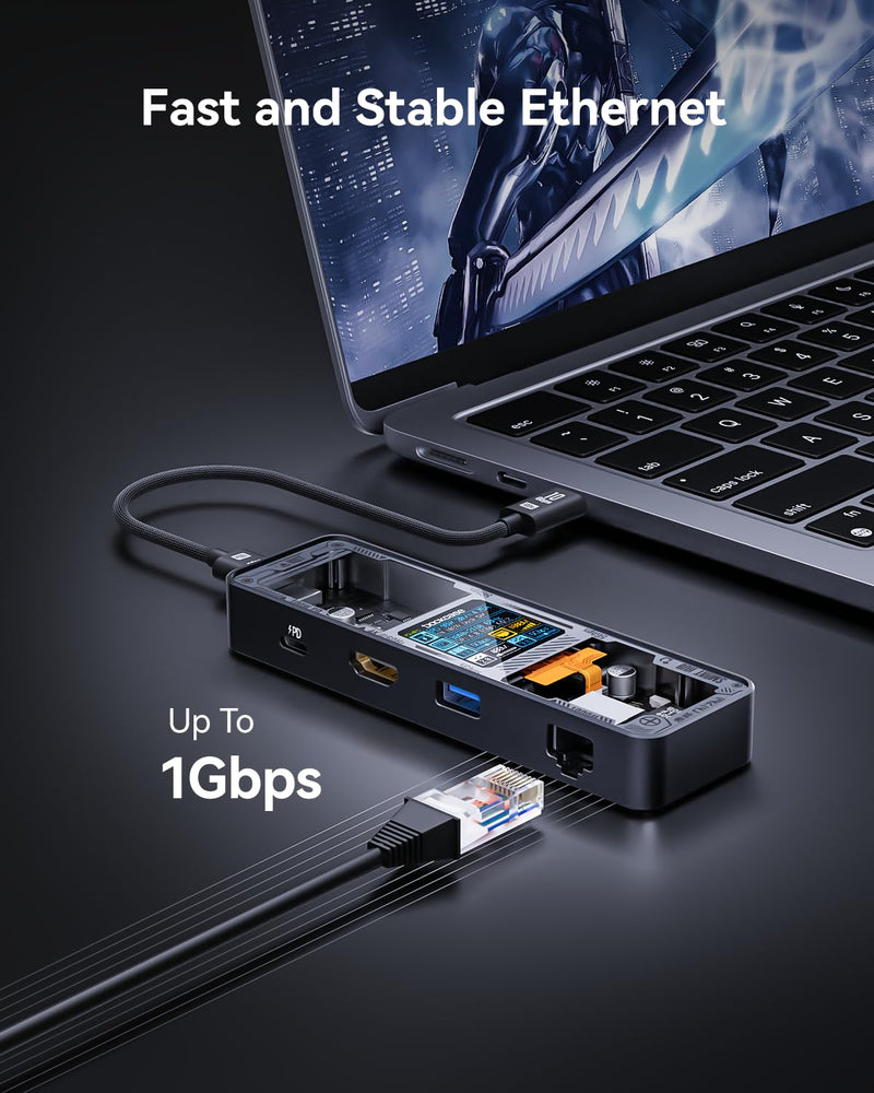 DOCKCASE Explorer Edition Visual Smart USB C Hub (6-in-1) with HDMI Port 4K@60Hz,Gigabit Ethernet,USB-C and 2 USB-A 5Gbps Data Ports, 100w PD Power Delivery, for MacBook Air/Pro, XPS, and More Black