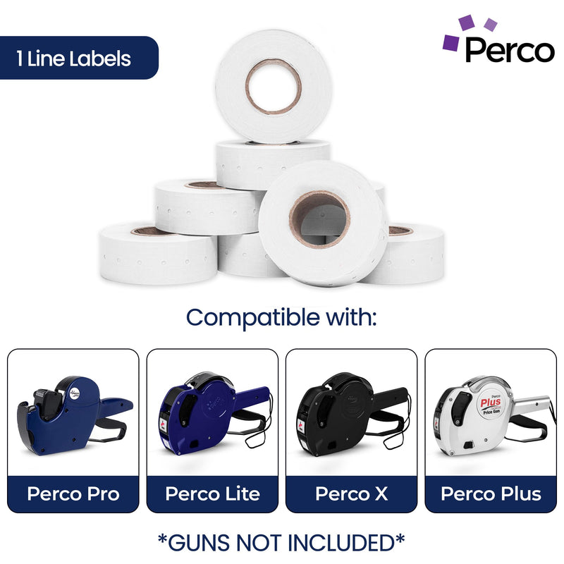Perco 1 Line White Labels - 8 Rolls, 1 Sleeve, 8,000 Blank Price and Date Gun Labels for Perco 1 Line Price and Date Guns - Made in USA