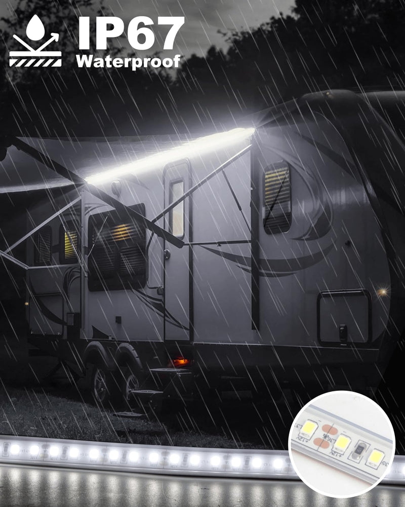 RV Awning Lights 12vdc 13ft/4m White LED Strip Camper Waterproof IP67 Motorhome Travel Trailer Canopy Outdoor RV Underglow Exterior Tape Lights