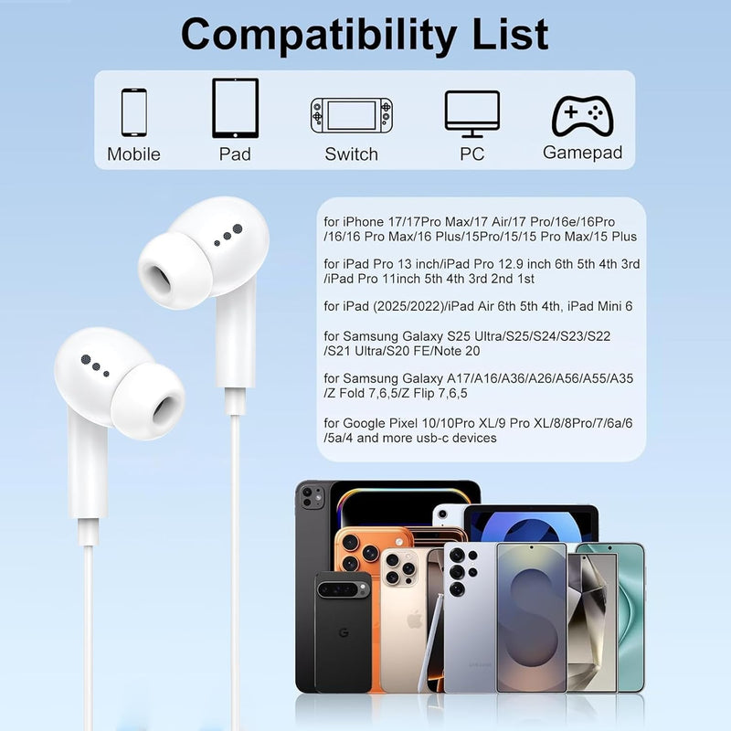 [Apple MFi Certified] USB C Headphones for iPhone 17 16 15,Wired Earbuds with Mic & Volume Control,Noise Cancelling Type C Earphones in-Ear for iPad Pro/Air,Galaxy S25 26 Ultra,Pixel 9,MacBook 2Pcs Creamy white