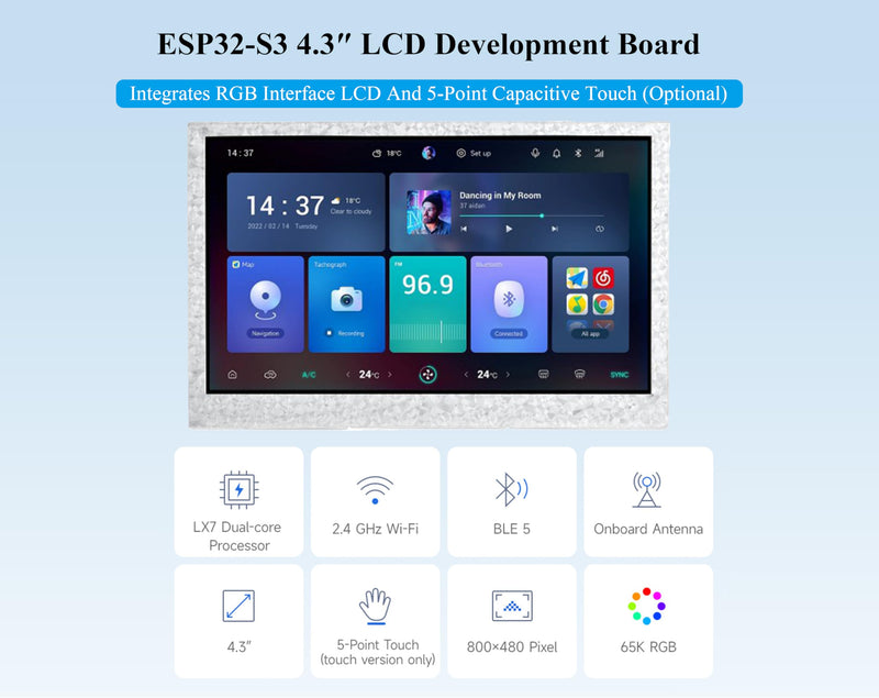ESP32-S3 4.3inch Display Development Board, 800x480 Pixel IPS LCD Screen, 32-bit LX7 Dual-Core Processor, Up to 240MHz Frequency, Onboard CAN RS485 I2C Interfaces, Support W F& BLE 5 (No Touch)