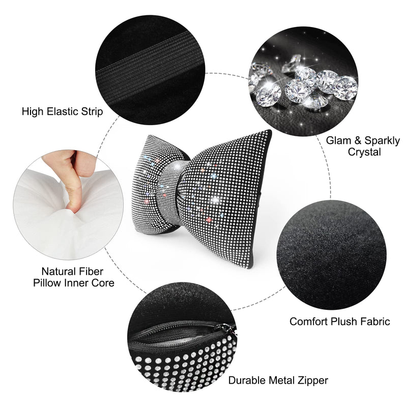 surpassme 2PCS Rhinestone Car Headrest Neck Pillow for Driving with Bling Bling Crystal Bow Pillow Car Accessories for Women (Silver/White) 2 White Pillows