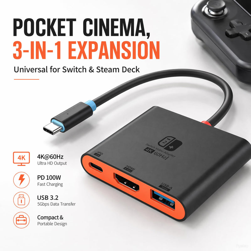 Switch 2 Dock for TV, Aluminum Alloy Shell HDMI 2.0 4K@60Hz HDR Docking Station for Nintendo Switch 2/OLED/Steam Deck/ROG Ally, USB C to HDMI Adapter with 100W PD 3.0 Fast Charging & USB3.0