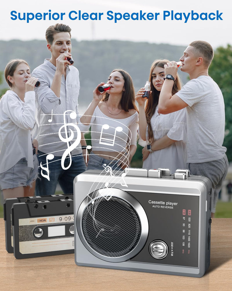 Portable Cassette Player Tape Recorder, Retro AM/FM Radio with Built-in Speaker & Mic, Earphone Jack | Lightweight Tape recording Multiple functions