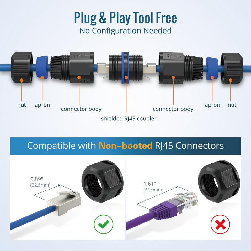 Tecmojo Waterproof Cat6 Coupler, IP68 Outdoor Ethernet Connector for CAT6/CAT5E/CAT5,Shielded RJ45 Ethernet Extender for IP Camera and PoE Device, 3.2in,6 Pack 6