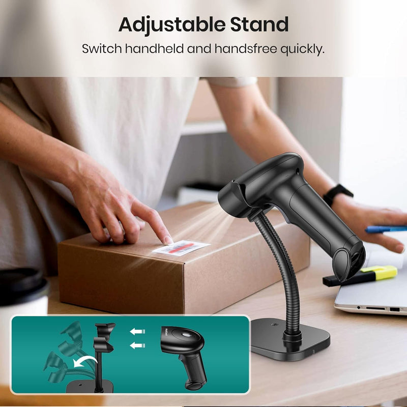 Barcode Scanner with Stand, 2D 1D Code Bluetooth Scanners and Wireless Barcode Scanner, USB Wired Scanners for Computer POS, Handheld Bar Code Reader for Warehouse Library Supermarket