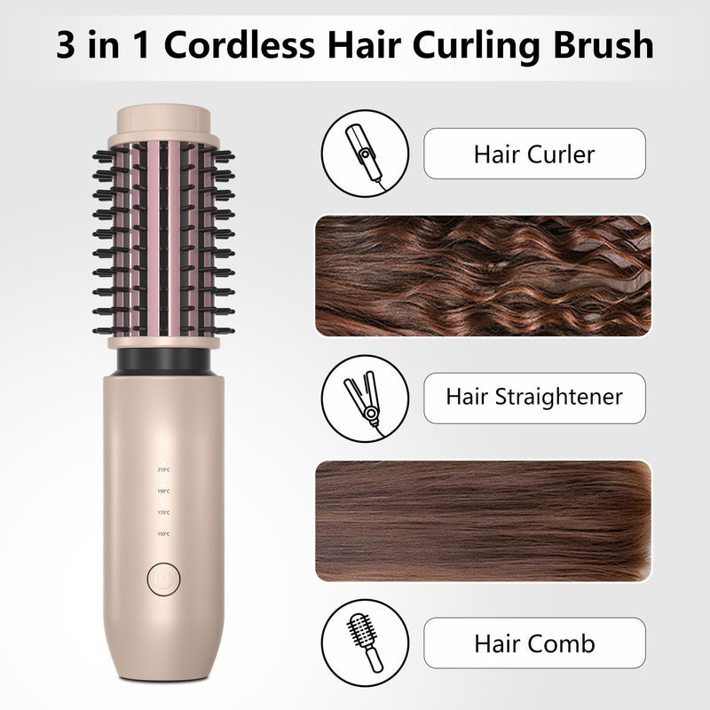 Cordless Curling Brush, 3 in 1 Cordless Hair Curler, Cordless Hair Styler with 4 Temperatures, 7000 mAh USB Rechargeable, Portable Travel Hot Brushes for Hair Styling (Gold) Gold