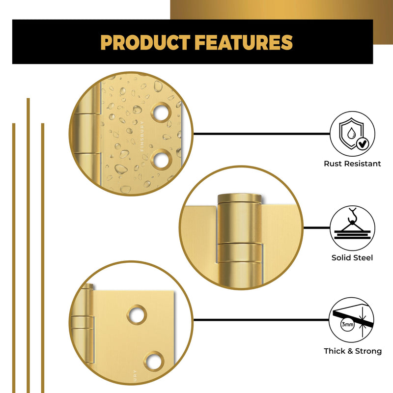Door Hinge Ball Bearing 4 x 4 Inches Solid 304 Steel Durable Heavy Duty Machined NRP Architectural Grade Mortise Hinges - Set of 2 Matte Gold Door Hinges (Matte Gold) 4x4" Satin Brass