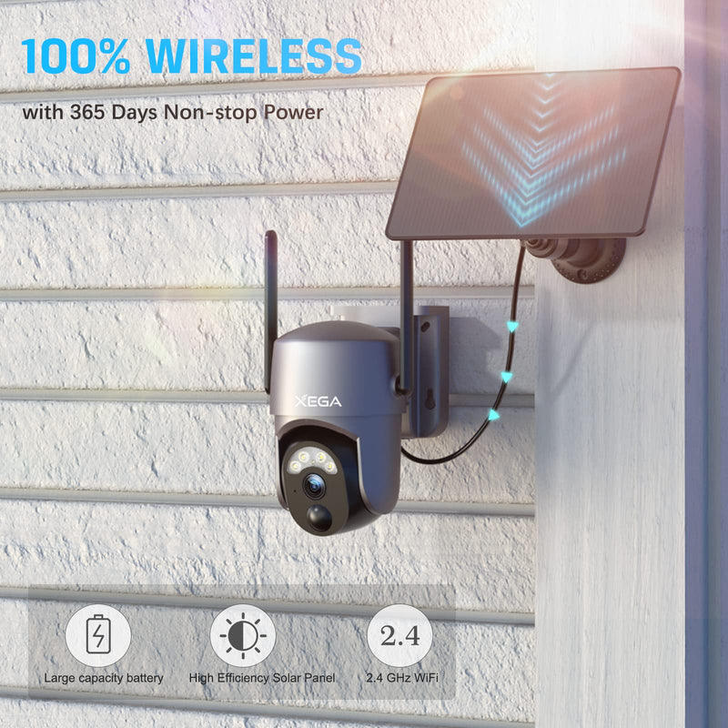 Xega Security Camera Wireless Outdoor 2K 360° PTZ Camera Solar Security Cameras 2.4G WiFi Video Surveillance w/Spotlight & Siren, Color Night Vision, AI Motion Detection, 2-Way Talk, IP66