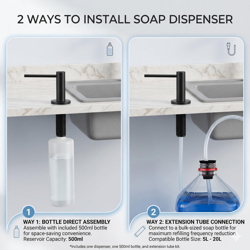 Soap Dispenser for Kitchean Sink, Built in Black Soap Dispenser Stainless Steel Soap Pump with 40" Extension Tube and 500ml Bottle Easy to Refill