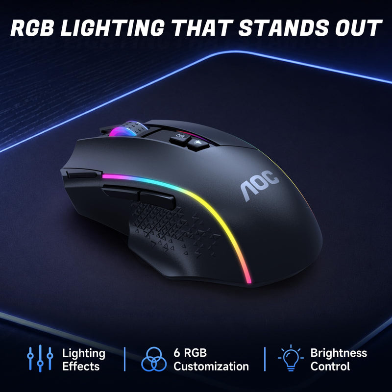 AOC GM401 Wireless RGB Gaming Mouse, 12000 DPI, Rapid-Fire Shotcut, 70Hrs | 2.4GHz Cable-Free 0 Delay /Bluetooth 5.0/USB-C Wired, Remapping Keys, Vibing Backlight, Ergonomic Comfort, Fits for FPS Gamer Black