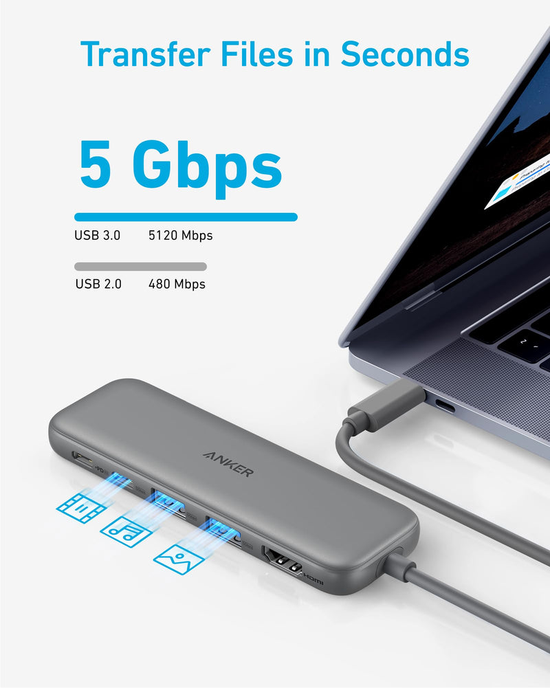 Anker 332 USB-C Hub (5-in-1) with 4K HDMI Display, 5Gbps USB-C Data Port and 2 5Gbps USB-A Data Ports and for MacBook Pro, MacBook Air, Dell XPS, Lenovo Thinkpad, HP Laptops and More(Grey) Grey