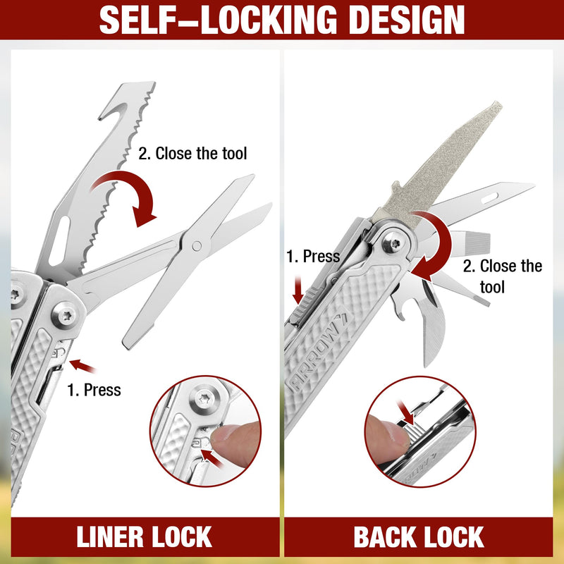 ARROW 20-In-1 Multi Tool Pliers, Gifts for Men Dad, Stainless Steel EDC Multitool with Pocket Knife, Sheath and Pocket Clip, Safety Locks, Multi-Use Tool for Outdoor, Camping, Hiking