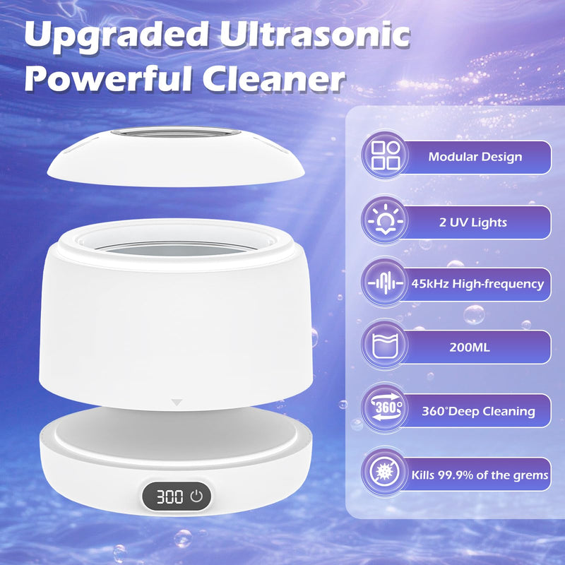Upgraded Ultrasonic Retainer Cleaner Machine,45kHz Professional Dental Cleaning Pod with Digital Timer & 200ML Capacity,Deep Cleaning for Denture,Night Guard,Aligner,Toothbrush,Jewelry and More(White) White