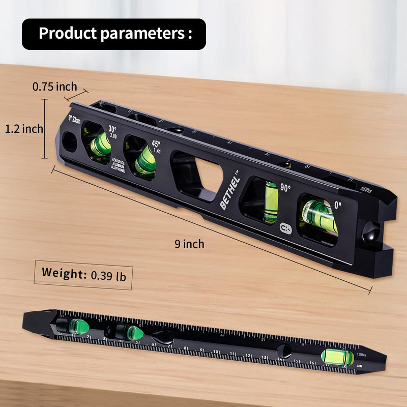 BETHEL 9 Inch Magnetic Torpedo Level with 4 Bubble Vials, V-Groove & Magnetic Rails, Black Aluminum Alloy Construction Black 9in