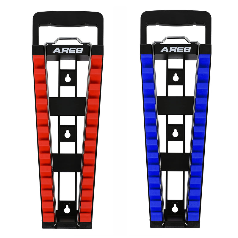 ARES 62043 – 2-Piece Wrench Rack Set with Locking Bar - SAE Rack Holds 1/4-Inch to 1-Inch Sizes - Metric Holds 6 to 25mm Sizes – Locking Metal Clip Secures Wrenches 2-Piece Magnetic Wrench Rack with Locking Bar Red & Blue