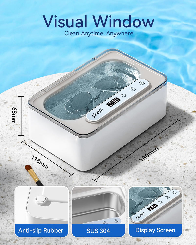 Phniti Ultrasonic Jewelry Cleaner, 47kHz Professional Ultrasonic Retainer Cleaner Machine for Dental Cleaning Three Cleaning Modes, Mouth Guard, Watch, Ring, Diamond, White 330ML