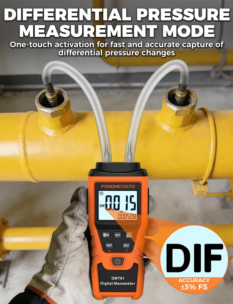 DMT01 Digital Manometer POROMETISTO, Manual Calibration Custom Zero, Real time Measurement, Max/Min/Avg Recording,HVAC Manometer, 12 Units Gas Pressure Tester, Differential Pressure Gauge