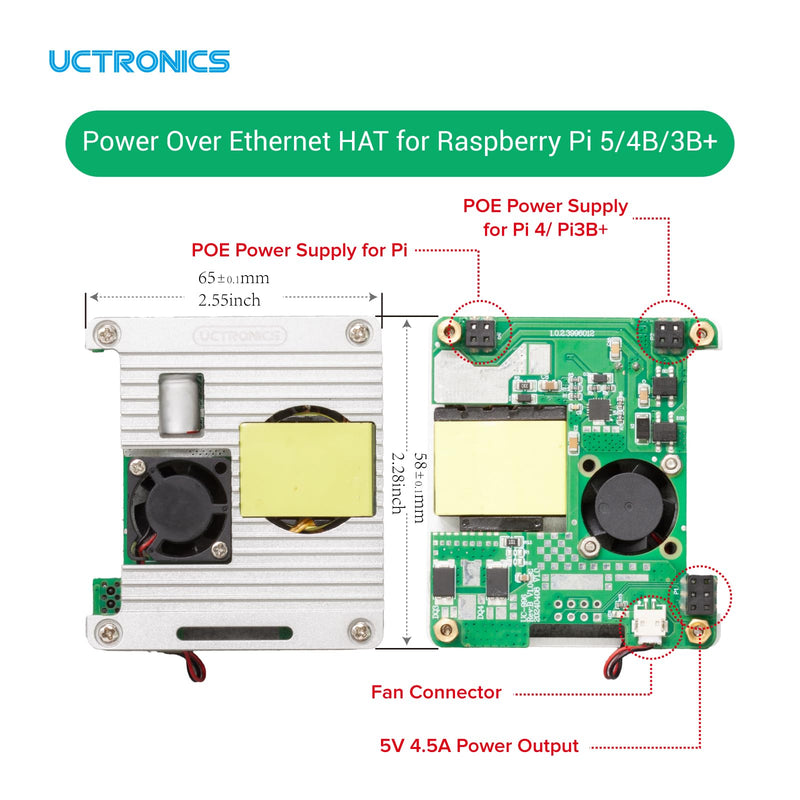 UCTRONICS PoE Hat for Raspberry Pi 5, Power Over Ethernet HAT for Raspberry Pi 4B/3B+, Support 802.3af PoE Network Standard with Heatsinks and Onboard Cooling Fan