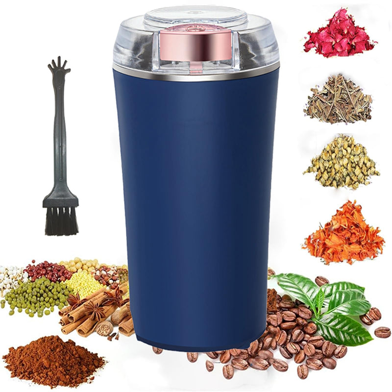 Electric Herb Grinder 200W Powerful Fast Grinding for Dry Spices Flower Buds with Brush, Easy On/Off One-Touch Push Button Powder Grinder Perfect For Herbs, Spices, Nuts, Grains and Coffee Beans Blue
