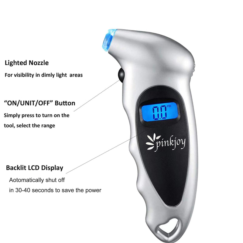PINKJOY Digital Tire Pressure Gauge 2 Pack 150 PSI, 4 Settings, Tire Gauge for Car, Truck, Motorcycle, Bicycle with Backlit LCD and Non-Slip Grip (Silver) Silver 2 Pack