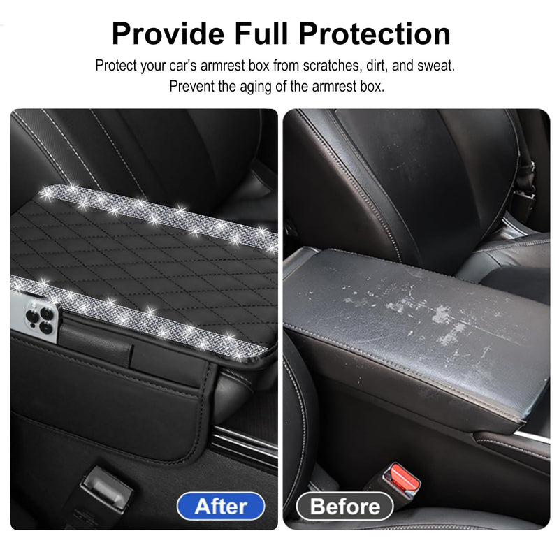NBTEPEM Bling Car Center Console Cover, Leather Car Arm Rest Cover Cushion with 2 Storage Bags, Universal Auto Armrest Protector Storage Box, Bling Accessories Interior for Most Vehicles (Silver) Silver Diamond