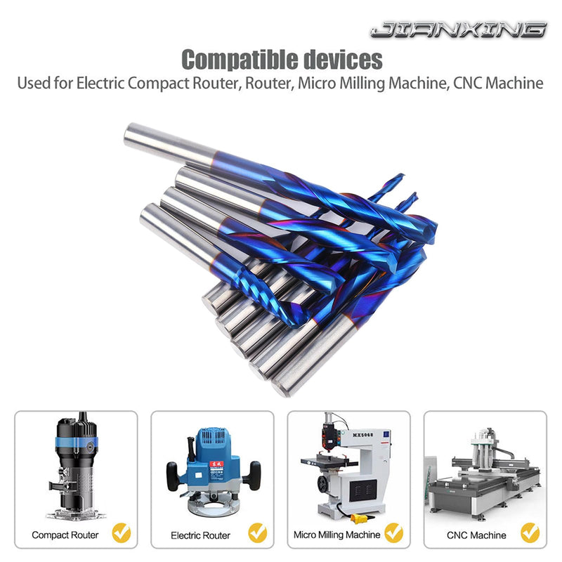 1/4" Cut, 2-Flute Compression Router Bit, 1/4" Shank, 2" Extra Long Cut Length (4" OAL), Blue Nano Coated Solid Carbide Up-Down Spiral for CNC Plywood, MDF 1/4" Extra long (1 pc) Compression Cut