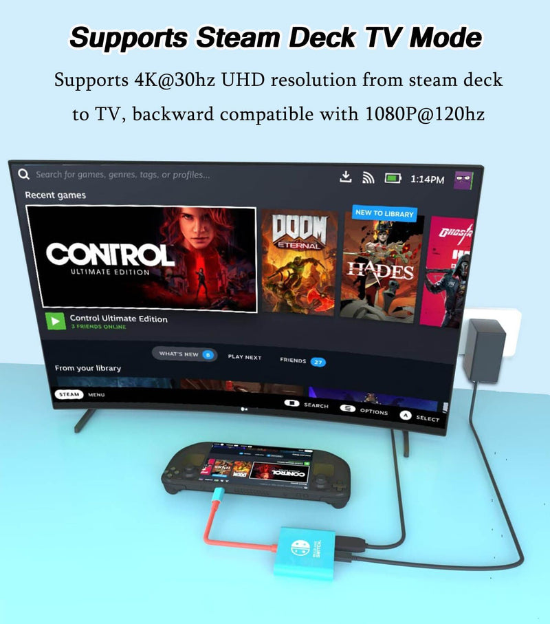 Switch Dock, TV Docking Station for Nintendo Switch/Switch OLED/Steam Deck, 4K@30HZ/1080P@60HZ Portable Switch TV Dock with PD 100W Charging, USB 3.0 Port（3-in-1 Adapter
