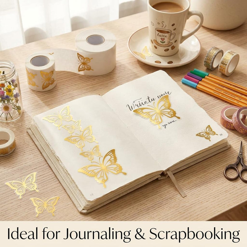 500Pcs Gold Foil Butterfly Stickers, Packaging & Envelope Seals | 500Pcs gold foil butterfly stickers; waterproof self-adhesive accents for packaging, envelopes, crafts, gifts, or parties. 500pcs- Gold Foil Butterfly Pattern