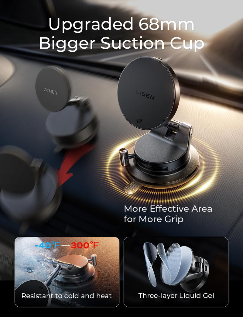 LISEN for Qi2.2 25W MagSafe Car Mount Charger,Magnetic Wireless Car Charger | [With 54W Adapter] Vacuum Suction Car Phone Mount, 360° Magnetic Wireless Phone Holders for Your Car, Only for iPhone 17-12 Black