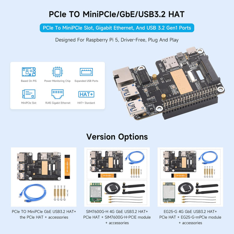 Waveshare PCIe to MiniPCIe/Gigabit Ethernet/USB 3.2 Gen1 HAT, Compatible with Raspberry Pi 5, Supports MiniPCIe Interface 4G Module, High-Speed Networking, Multiple OS Support