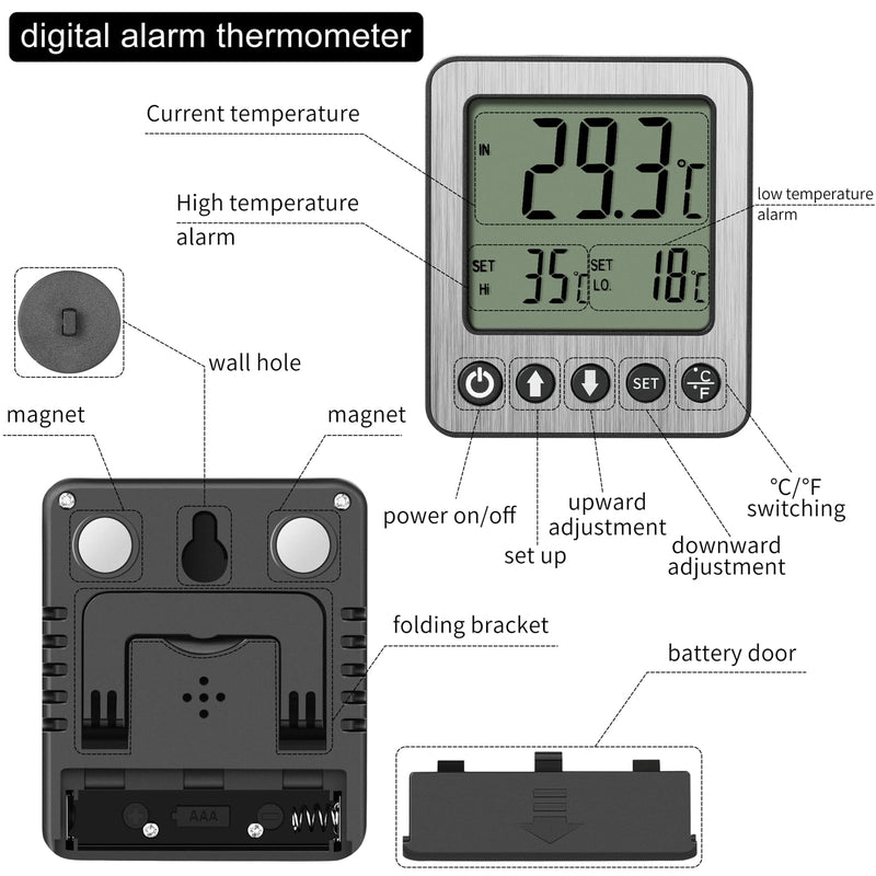 Refrigerator Thermometer Freezer Alarm Digital Freezer Thermometer Fridge Thermometer with Extra Sensor high and Low Temperature Alarm (2, White, Small,10) 2