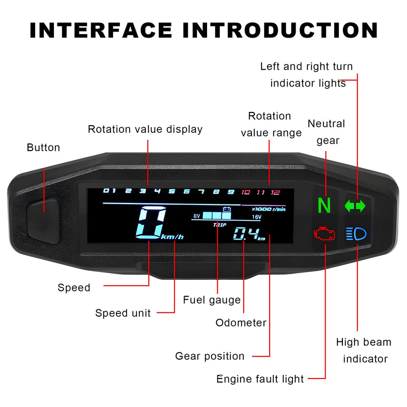 JINXl Motorcycle Speedometer, 6 Gear 12000 RPM Digital Speed Gauge with Mini LCD Screen, Waterproof Gauge Cluster Tachometer Odometer Oil Level Meter for Small Engine Motorcycles
