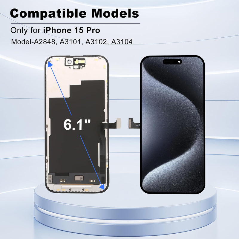 ZOETEC Screen Replacement for iPhone 15 Pro LCD, 6.1'' Retina Display 3D Touch Screen Digitizer Assembly with Repair Tool Kits, Waterproof Adhesive, Tempered Glass