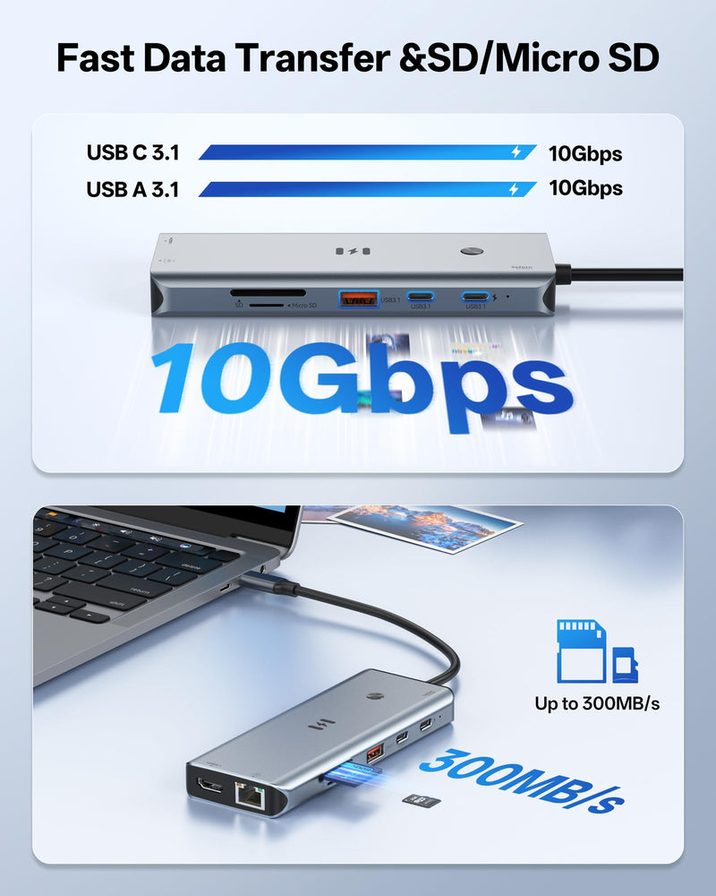 Selore USB C Docking Station 3 Monitors 3 HDMI 13-in-1 Laptop Hub | Triple HDMI, 10Gbps USB A/C 3.1, 100W PD Charging, Gigabit Ethernet, SD/microSD Reader for Windows Laptops Dell/HP/Lenovo 13-in-1 3 HDMI