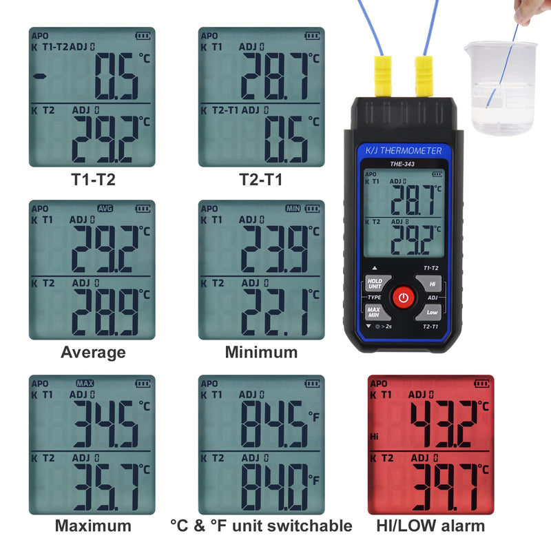 Thermocouple Thermometer Digital K Type Thermometer with 4 Thermocouples, -328~2500℉ Measuring Range HVAC Dual Channels Temperature Meter Gauge with LED Backlight & ADJ Compensation Black