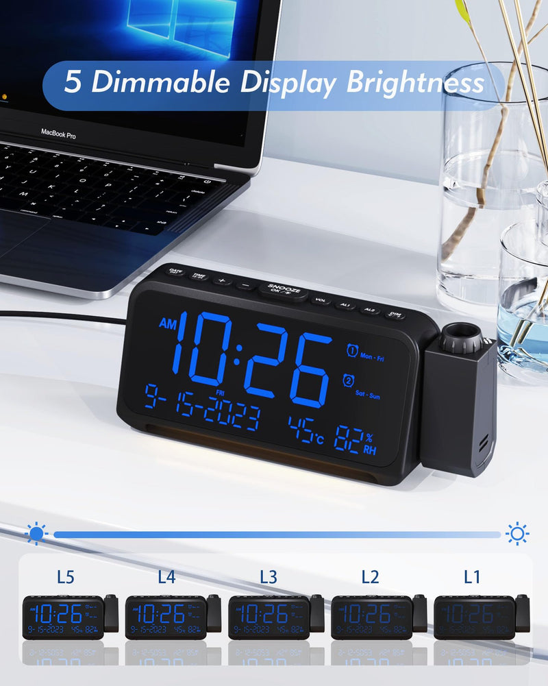 Roxicosly Projection Alarm Clock for Bedroom Ceiling, 118 dB Super Loud for Heavy Sleepers, 6.7" Large Digital Dimmable Display with Day Date Indoor Temp Humidity, Dual Alarms Adjustable Volume Blue Digit+blue Projection